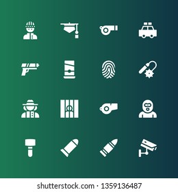 crime icon set. Collection of 16 filled crime icons included Cctv, Bullet, Mallet, Burglar, Whistle, Prisoner, Detective, Weapons, Fingerprint, Guillotine, Gun, Police car, Judge
