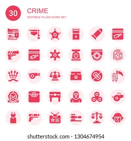 crime icon set. Collection of 30 filled crime icons included Gun, Judge, Sheriff, Bullet, Evidence, Scale, Cctv, Weapons, Whistle, Weighing scale, No weapons, Punishment, Terrorist