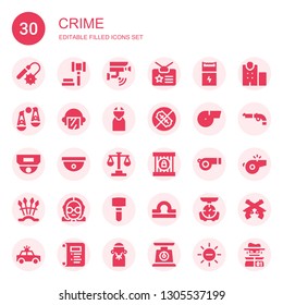 crime icon set. Collection of 30 filled crime icons included Weapons, Auction, Cctv, Identity, Gun, Judging, Police, Criminal, No weapons, Whistle, Law, Jail, Judge, Mallet, Libra
