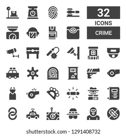crime icon set. Collection of 32 filled crime icons included No weapons, Terrorist, Detective, Phishing, Police car, Handcuffs, Law, Hacker, White balance, Brass knuckles, Whistle