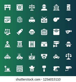 crime icon set. Collection of 36 filled crime icons included Security camera, Gun, Mallet, Sheriff, Evidence, Scale, Law, Police car, Cctv, Phishing, Detective, Weighing scale