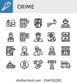 crime icon set. Collection of Weapon, Hacker, Balance, Trench coat, Gun, Riot police, Policeman, Fingerprint identification, Cop, Justice, Law book, Law, Lawyer, Thief, Judge icons