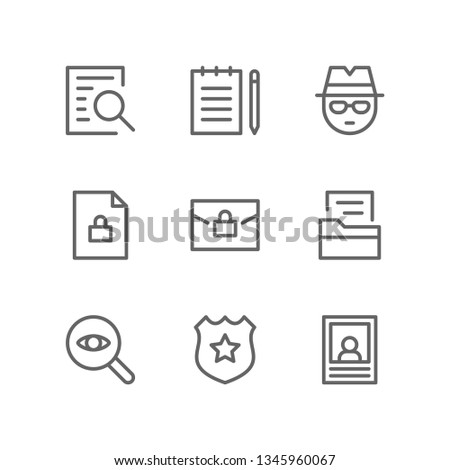 Crime icon set including investigation, notes, police, detective, secret, confindential, file, badge, wanted, fugitive