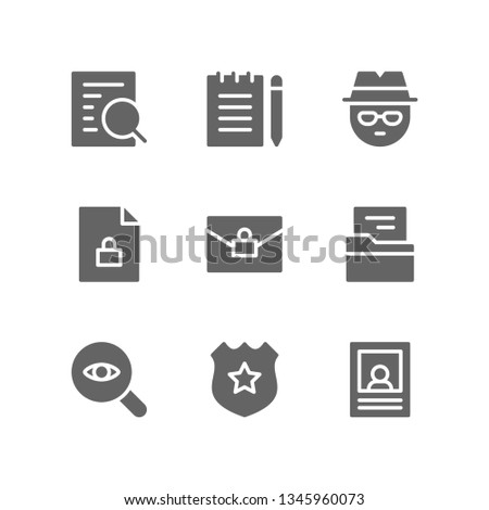 Crime icon set including investigation, notes, police, detective, secret, confindential, file, badge, wanted, fugitive