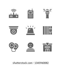 Crime icon set including transmitter, walkie talkie, stun gun, cctv, siren, prison, handcuffs, prisoner, police station