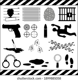 Crime icon set. Murder symbol collection. Criminal illustrations isolated on white background. Contains  murderer investigation, crime scene and outlaw elements.