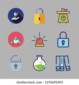 crime icon set. vector set about drugs, padlock, police car and siren icons set.