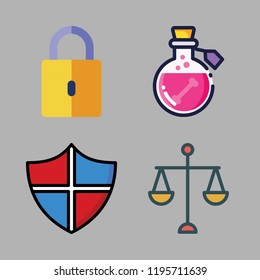 crime icon set. vector set about scale, shield, poison and padlock icons set.
