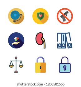 crime icon set. vector set about weapons, kidney, scale and shield icons set.
