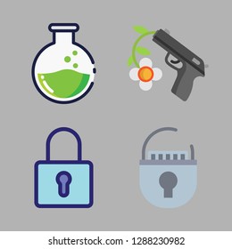 crime icon set. vector set about gun, poison and padlock icons set.