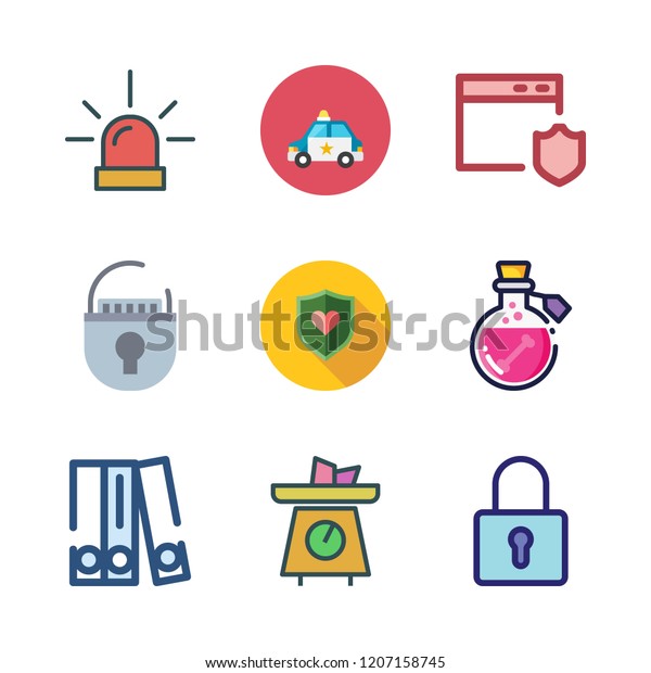 crime icon set. vector set about scale, police\
car, blinder and poison icons\
set.