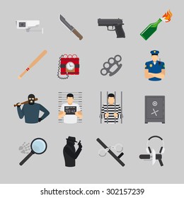 Crime icons in flat design. Offender and police, robbery and wanted