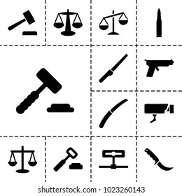 Crime icons. set of 13 editable filled crime icons such as auction hummer, scales, gardening knife, camera, bullet, gun