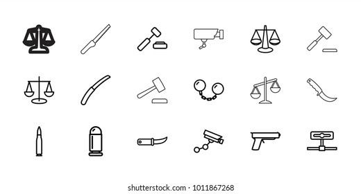 Crime icons. set of 18 editable outline crime icons: security camera, scales, auction hummer, gardening knife, camera, ball chain, bullet