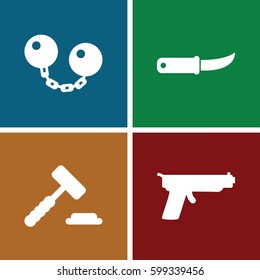 crime icons set. Set of 4 crime filled icons such as gardening knife, ball chain, gun
