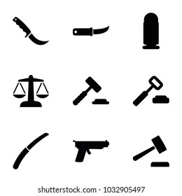 Crime icons. set of 9 editable filled crime icons such as auction hummer, gardening knife, bullet, gun