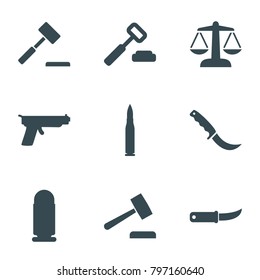 Crime icons. set of 9 editable filled crime icons such as auction hummer, gardening knife, bullet, gun