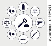 Crime icons set. set of 9 crime filled icons such as gardening knife, ball chain, bullet, gun, auction hummer, scales