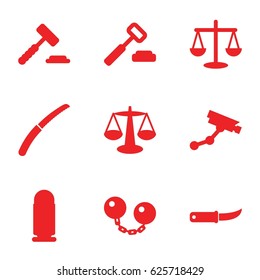 Crime icons set. set of 9 crime filled icons such as Security camera, gardening knife, bullet, ball chain, scales