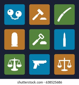 Crime icons set. set of 9 crime filled icons such as gardening knife, ball chain, bullet, gun, scales