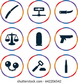 Crime icons set. set of 9 crime filled icons such as gardening knife, ball chain, bullet, gun, scales, auction hummer