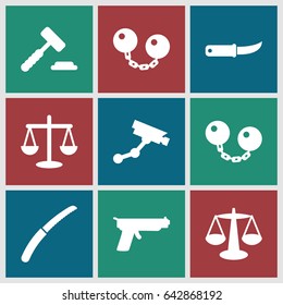 Crime icons set. set of 9 crime filled icons such as security camera, gardening knife, ball chain, gun, scales