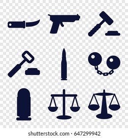 Crime icons set. set of 9 crime filled icons such as gardening knife, ball chain, bullet, gun, scales