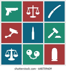 Crime icons set. set of 9 crime filled icons such as security camera, gardening knife, ball chain, bullet, gun, scales