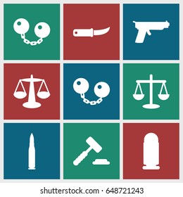 Crime icons set. set of 9 crime filled icons such as gardening knife, ball chain, bullet, gun, scales