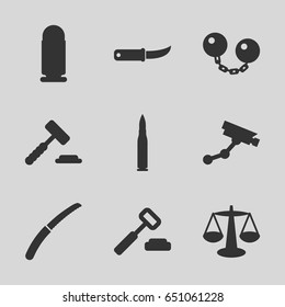 Crime icons set. set of 9 crime filled icons such as security camera, gardening knife, ball chain, bullet, scales