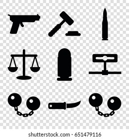 Crime icons set. set of 9 crime filled icons such as gardening knife, ball chain, bullet, gun, auction hummer, scales