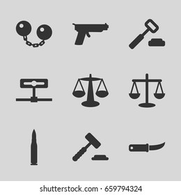 Crime icons set. set of 9 crime filled icons such as gardening knife, ball chain, bullet, gun, scales, auction hummer