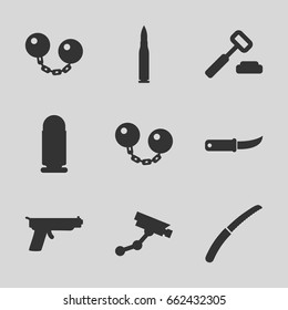 Crime icons set. set of 9 crime filled icons such as security camera, gardening knife, ball chain, bullet, gun