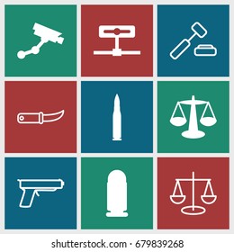 Crime icons set. set of 9 crime filled and outline icons such as security camera, bullet, gardening knife, gun, scales, camera