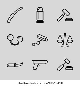 Crime icons set. set of 9 crime outline icons such as Security camera, gardening knife, ball chain, bullet, gun, auction hummer
