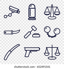 Crime icons set. set of 9 crime outline icons such as security camera, gardening knife, ball chain, bullet, gun, scales