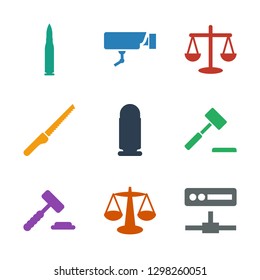 crime icons. Trendy 9 crime icons. Contain icons such as camera, scales, auction hummer, bullet, gardening knife, Security camera. crime icon for web and mobile.