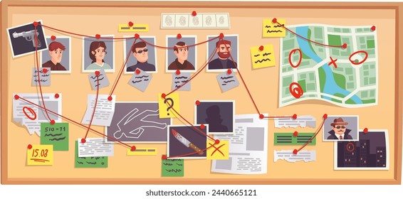 Crime investigation board cartoon icon. Evidence research. Vector illustration