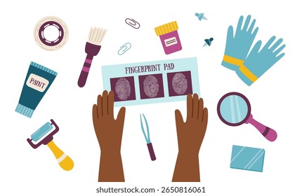 Conceito de investigação criminal. Segundo plano da impressão digital. Tecnologia de identificação biométrica. Conceito de ciberciência forense. Banner plano vetorial.