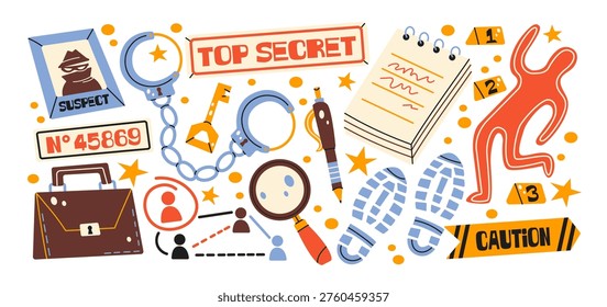 Crime investigation elements in retro cartoon style. Gun, magnifying glass and police badge with forensic signs, detective visual language, mysterious investigation atmosphere, elements of criminal inquiry, evidence search and law enforcement storytelling for media, education and crime related projects
