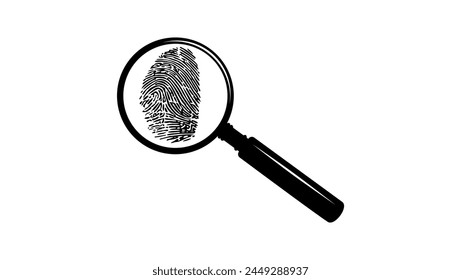 crime investigation, fingerprint in magnifying glass, black isolated silhouette