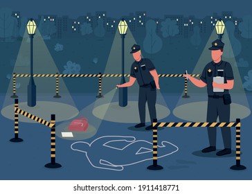 Crime investigation, flat color vector illustration. Searching for crime evidence. Police officers investigating place of a person death. 2D cartoon characters with empty city park in background