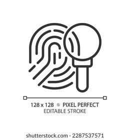 Crime investigation pixel perfect linear icon. Studying fingerprint with magnifying glass. Find evidence. Thin line illustration. Contour symbol. Vector outline drawing. Editable stroke