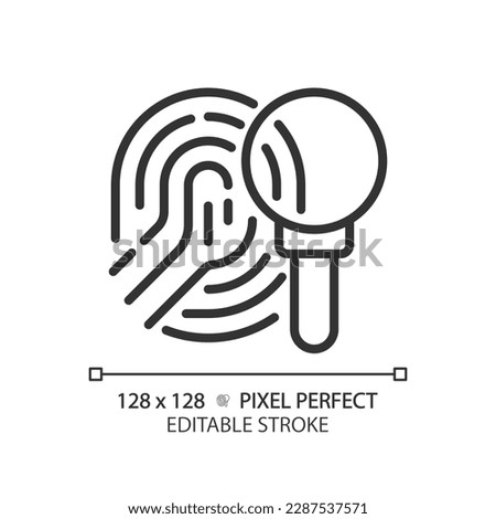 Crime investigation pixel perfect linear icon. Studying fingerprint with magnifying glass. Find evidence. Thin line illustration. Contour symbol. Vector outline drawing. Editable stroke