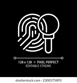 Crime investigation pixel perfect white linear icon for dark theme. Studying fingerprint with magnifying glass. Find evidence. Thin line illustration. Isolated symbol for night mode. Editable stroke