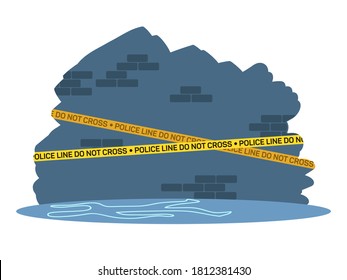 Crime Investigation Scene With Tape. Police Detective Work Vector Illustration. Dead Body Silhouette Outlinw With Chalk On Floor. Do Not Cross Yellow Safety Lines. Place Of Murder.