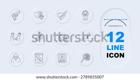 Crime investigation set icon. Line symbols with gun diamond heart knife skull pin handshake bones police car brush thief evidence wanted fingerprint inside circular neumorphism