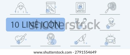 Crime investigation set icon. Thief knife wanted fingerprint police arrest skull evidence location blood weapon patrol forensic justice danger case.