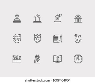 Crime and justice icon line set with building, stamp and court. Set of justice icons including decision for web app logo UI design.