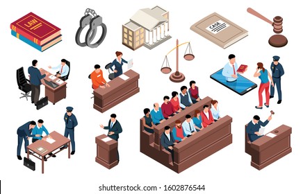 Crime justice law isometric set with criminal investigation court defendant handcuff attorney jury prosecutor mallet vector illustration 